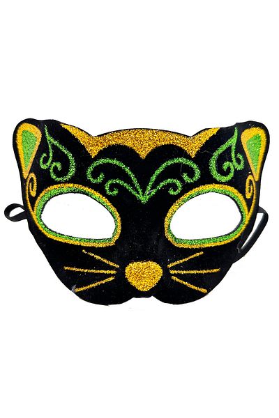 Ethab Ticaret Yellow Green Glitter Embroidered Cat Mask on Black Velvet Plating 20X13 cm (4457)