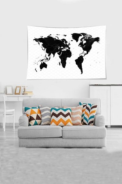 Pelangi World Map Patterned - Black and White Velvet Tapestry, Stain-Proof Wall Tapestry