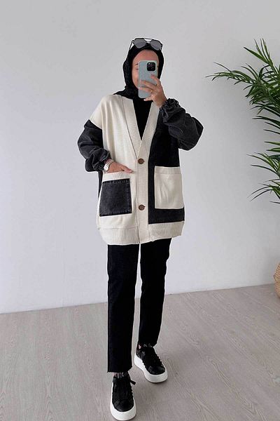 Ka Hijab Double Pocket Design Hijab Cardigan - Black