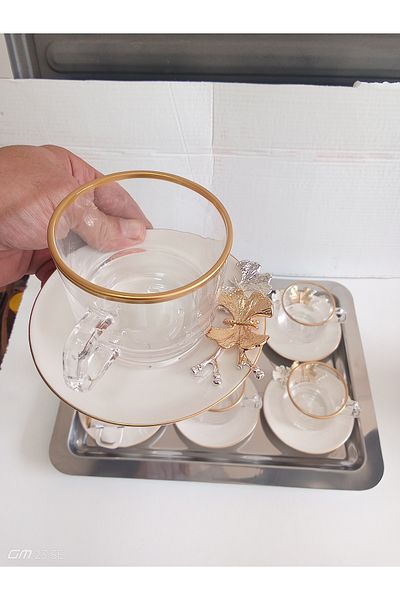 Paşabahçe Fth Design 6-Person Cay Cup Set with Tray