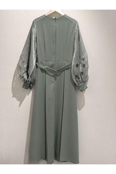 Kayra Satin Dress with Embroidered Sleeves