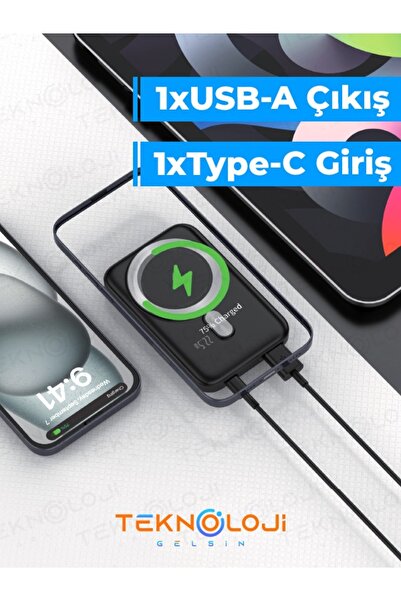 Teknoloji Gelsin MagSafe Powerbank 22.5W Hızlı Şarj Taşınabilir Batarya Kablosuz Şarj Cihazı Mıknatıslı 5000 mAh