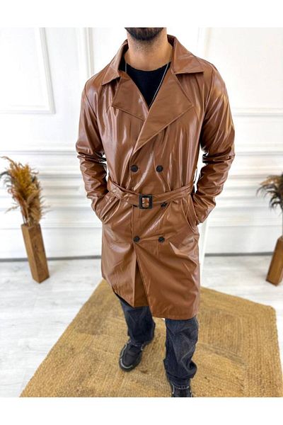 elkumoda Водоотблъскващ дълъг кожен тренчкот - кожено палто с двойно закопчаване, колан и джобове