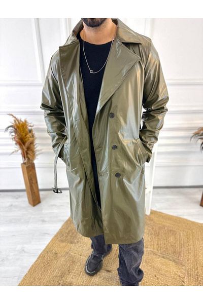 elkumoda Αδιάβροχη μακριά δερμάτινη καμπαρντίνα - Δερμάτινο παλτό με διπλό στήθος, ζώνη και τσέπες