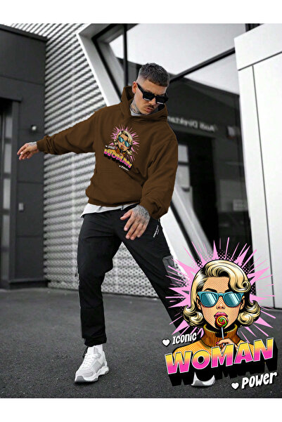 Kadın, Erkek Sweatshirt Kadın Gücü Comic Cartoon Baskılı Kalın Kahverengi Sevgili Sweatshirt