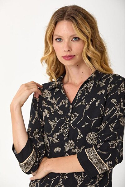 İKİLER ¾ Kol Önü Düğmeli Desenli Elbise 245-4000