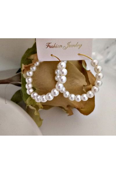 mos&more White Pearl Hoop Women's Earrings