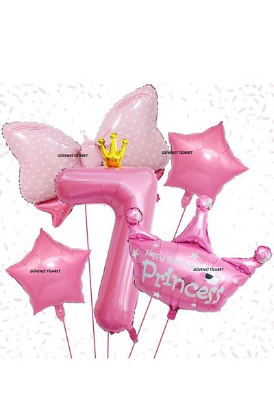 DÜVENCİ TİCARET 5-Piece Foiled Age Set - Princess, Crown Bow and Balloon