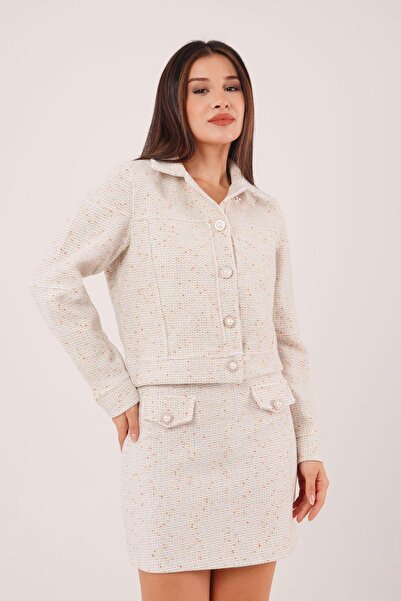 Hipo Trend Regular Renkli İp Geçişli Krem Tüvit Ceket