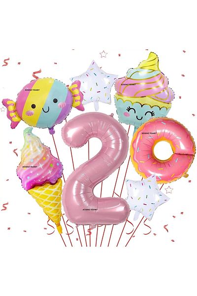 DÜVENCİ TİCARET 7 Pieces Pentagram Rainbow and Pink Donut Foil Balloons Set