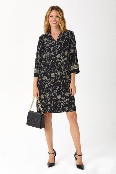 İKİLER ¾ Kol Önü Düğmeli Desenli Elbise 245-4000