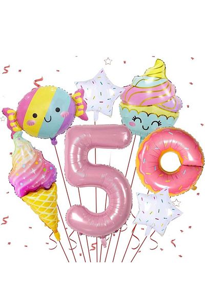 DÜVENCİ TİCARET 7 Pieces Pentagram Rainbow and Pink Donut Foil Balloons Set