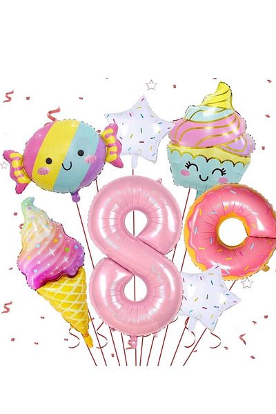 DÜVENCİ TİCARET 7 Pieces Pentagram Rainbow and Pink Donut Foil Balloons Set