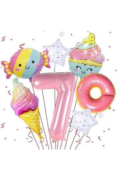 DÜVENCİ TİCARET 7 Pieces Pentagram Rainbow and Pink Donut Foil Balloons Set