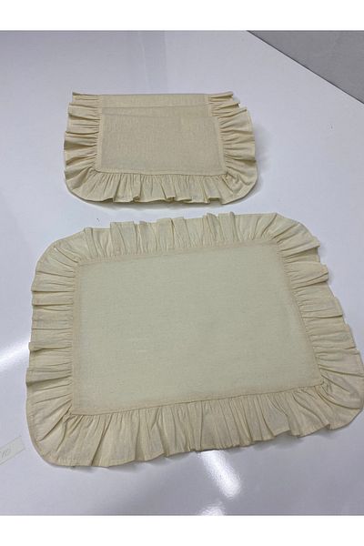 LILYUM 100% Cotton Beige Raw Linen Frilly 6' American Service Plate Rectangular 35X45 cm