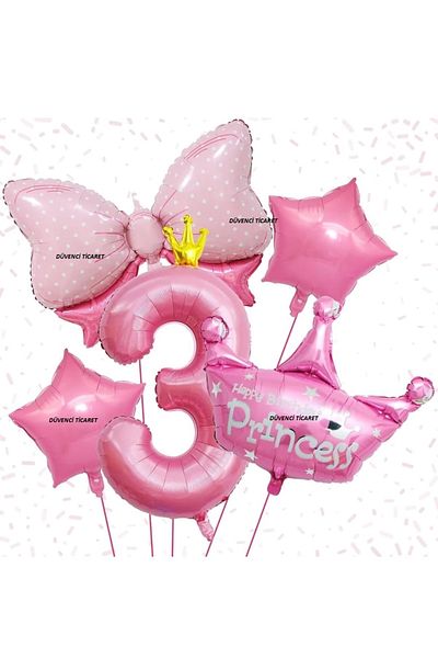 DÜVENCİ TİCARET 5-Piece Foiled Age Set - Princess, Crown Bow and Balloon