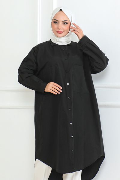 Eliva Cămașă neagră pentru femei, cu buzunar dublu, detaliată, hijab supradimensionată
