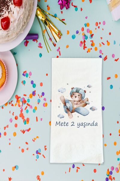 Atölye Mi Uçakta Pilot Ayıcık Temalı Baskılı Peçete İsimli Doğum Günü Peçetes...