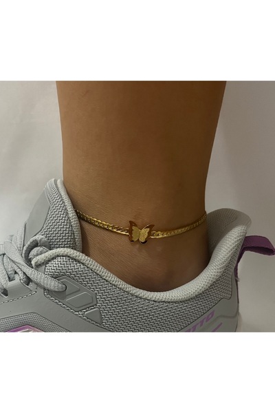 stainles steel Gold Colored Steel Women - Fish Back Chain and Butterfly Detailed Anklet Model
