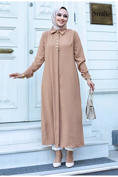 ALNİSS COLLECTİON Long Ferace Tunic with Buckle Detail on the Front and Hidden Buttons