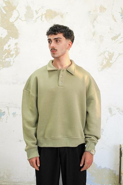 HAFKAGİYİM Απαλό πράσινο Cozy Basic Oversize φούτερ με γιακά Polo