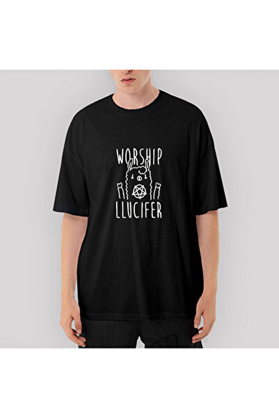 CrowsGate Tricou negru Worship Lucifr supradimensionat