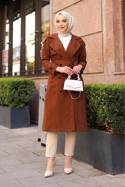 ALNİSS COLLECTİON Double Breasted Collar and Waist Belted Lined Shoulder Trench Coat