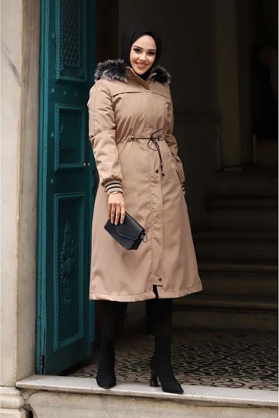 ALNİSS COLLECTİON Αδιάβροχο γυναικείο παλτό με αποσπώμενη κουκούλα με ριμπ γούνα