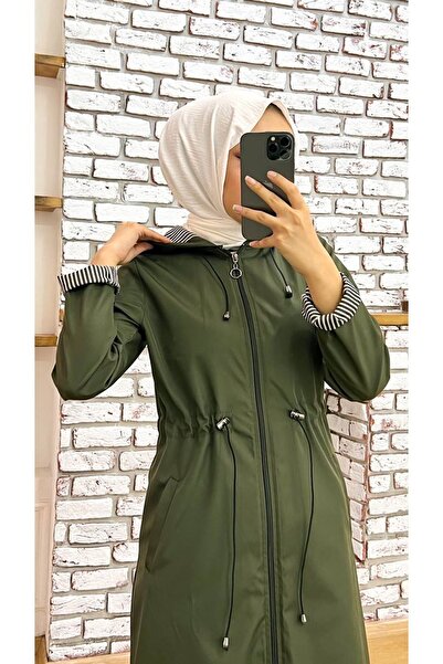 ALNİSS COLLECTİON Büyük Beden Fermuarlı Kendinden Astarlı Uzun Tesettür Trençkot