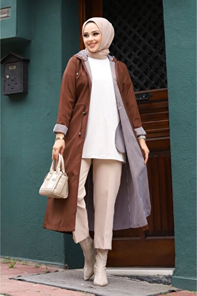 suffemoda Bileği Çizgili Kapüşonlu Trençkot