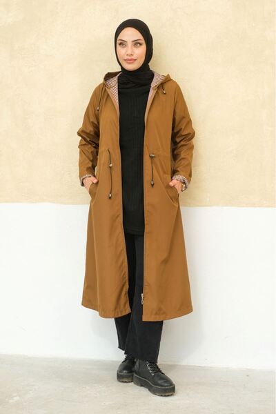 ALNİSS COLLECTİON Büyük Beden Fermuarlı Kendinden Astarlı Uzun Tesettür Trençkot