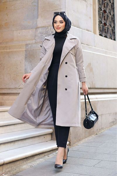 ALNİSS COLLECTİON Double Breasted Collar and Waist Belted Lined Shoulder Trench Coat