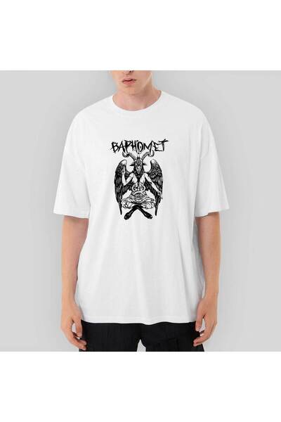 CrowsGate Tricou alb supradimensionat Figura mitologică Baphomet