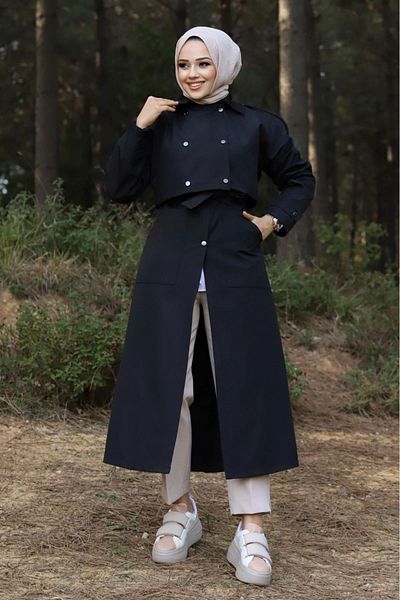 ALNİSS COLLECTİON Snap-On Trench Coat with Vest and Lining Detail