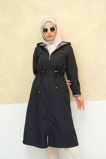 ALNİSS COLLECTİON Büyük Beden Fermuarlı Kendinden Astarlı Uzun Tesettür Trençkot