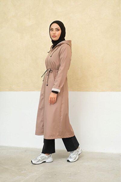 ALNİSS COLLECTİON Büyük Beden Fermuarlı Kendinden Astarlı Uzun Tesettür Trençkot