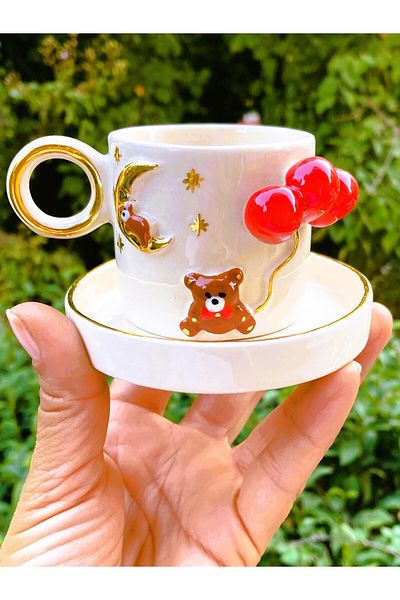 Monako Limited Edition 100 ml Capacity 24 Carat Gold Decorated Teddy Bear Cup - Handmade with Teddy Bear Embossed