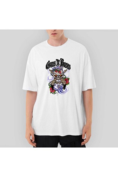 CrowsGate Tricou alb Guns N Roses Skull and Gun supradimensionat