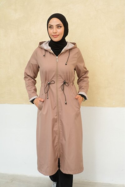 ALNİSS COLLECTİON Büyük Beden Fermuarlı Kendinden Astarlı Uzun Tesettür Trençkot