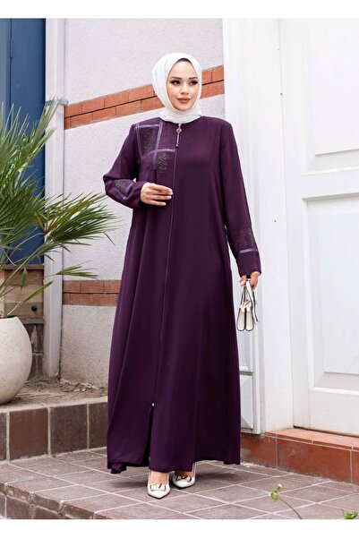ALNİSS COLLECTİON Önü ve Kolları Nakışlı Fermuar Detaylı Tesettür Ferace