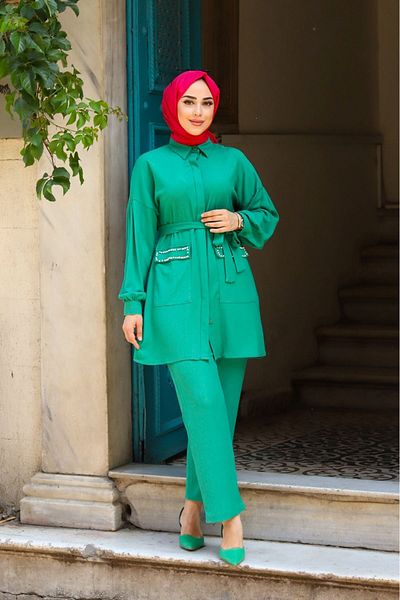 suffemoda Belted Hijab Set with Pearl Detail on Pockets