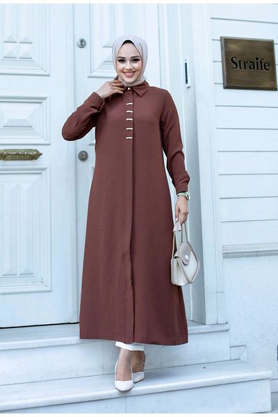 ALNİSS COLLECTİON Long Ferace Tunic with Buckle Detail on the Front and Hidden Buttons