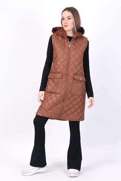 Modabenna Women's Hooded Zippered Long Inflatable Filling Vest