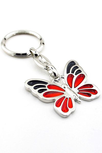 Solfera Butterfly Patterned Red Black Metal Keychain - Spring Nature Kc141