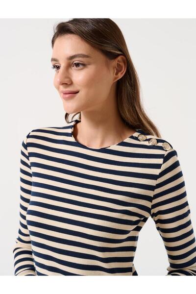 Jimmy Key Sötétkék Slim Fit Crew nyakú csíkos kötött blúz