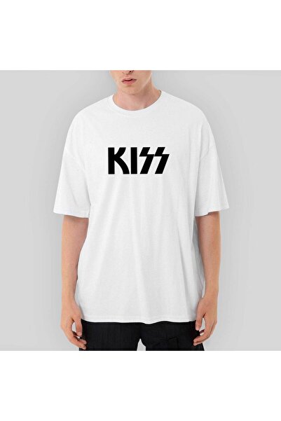 Generic Brand Tricou alb Kiss Metalic Logo supradimensionat mărimea XL