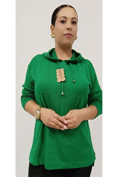 AKŞEN GİYİM Plus Size Seasonal Thin Knitwear Woven Hooded Star Printed Tunic Size Sweater