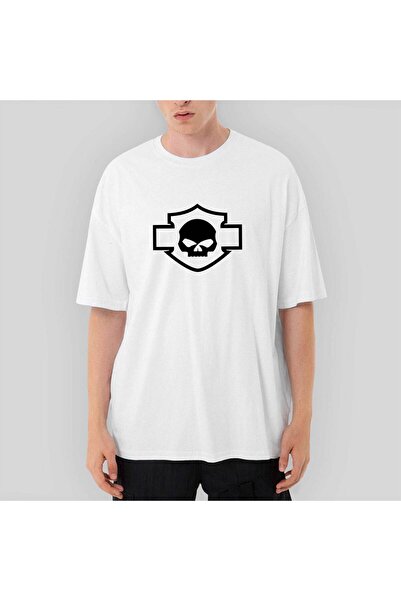 CrowsGate Tricou alb supradimensionat Harley Chopper Moto Skull