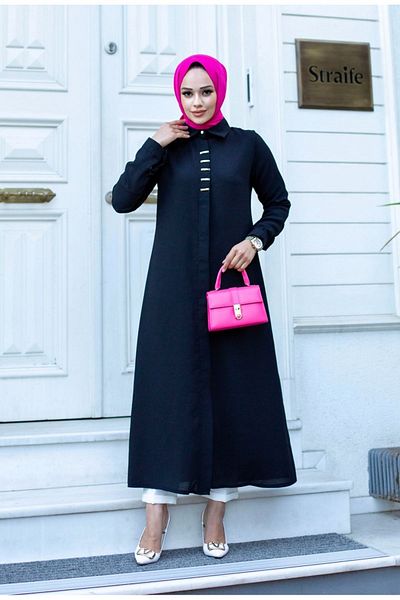 ALNİSS COLLECTİON Long Ferace Tunic with Buckle Detail on the Front and Hidden Buttons