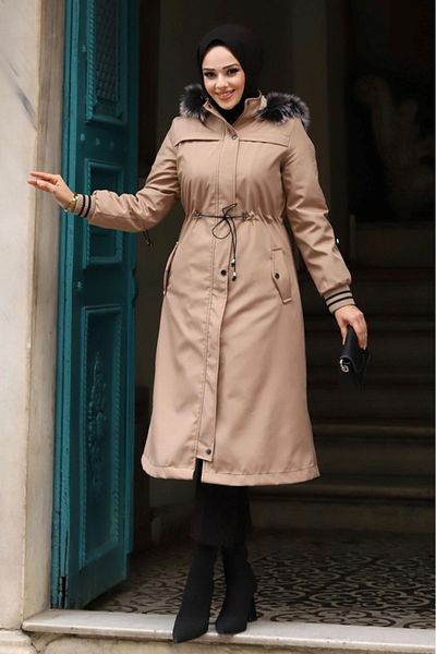ALNİSS COLLECTİON Αδιάβροχο γυναικείο παλτό με αποσπώμενη κουκούλα με ριμπ γούνα